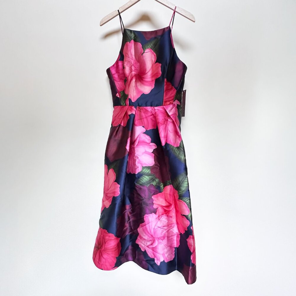 NWT Kay Unger, Pink & Navy Floral Midi Dress with Pockets–Size 10